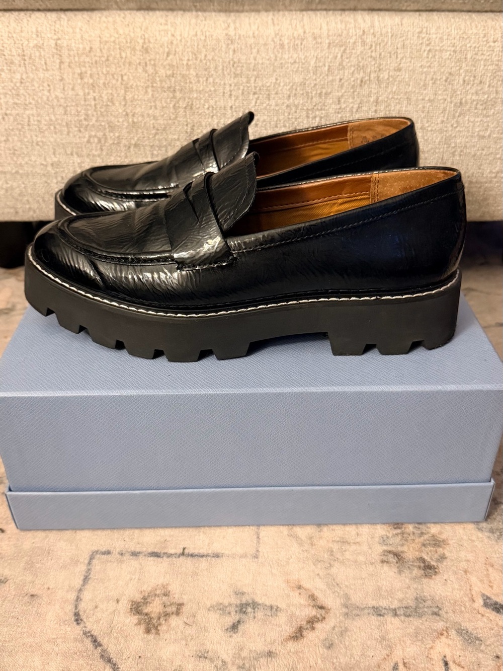Franco Sarto Cassandra Black Patent Platform Lug Sole Penny Loafer 8.5